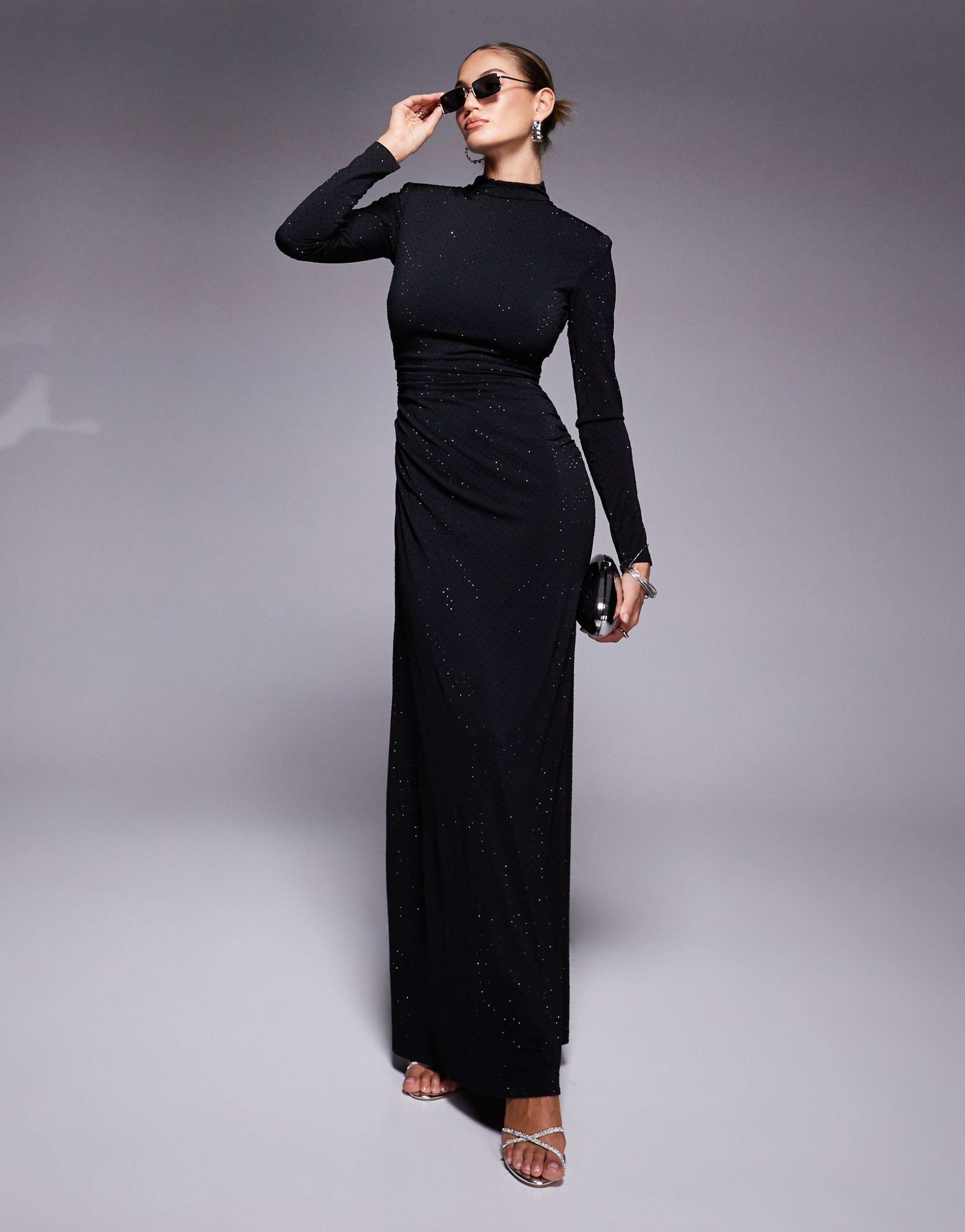 jaded rose hotfix long sleeve maxi dress in black