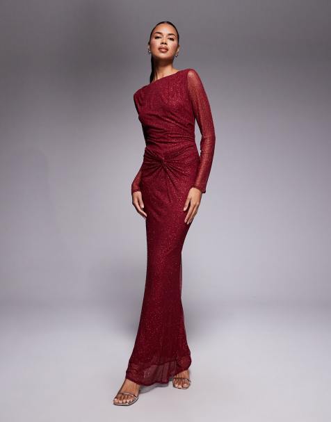 Jaded Rose hotfix slinky maxi dress with knot detail in burgundy
