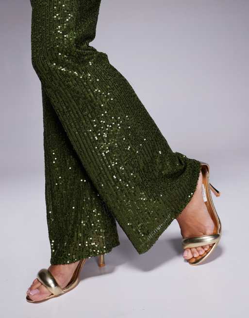 Jaded Rose - Jumpsuit met flared pijpen en lovertjes in olijfgroen, 3 van 4