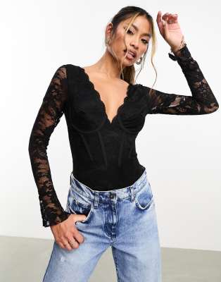 Jaded Rose Lace Corset Bodysuit In Black