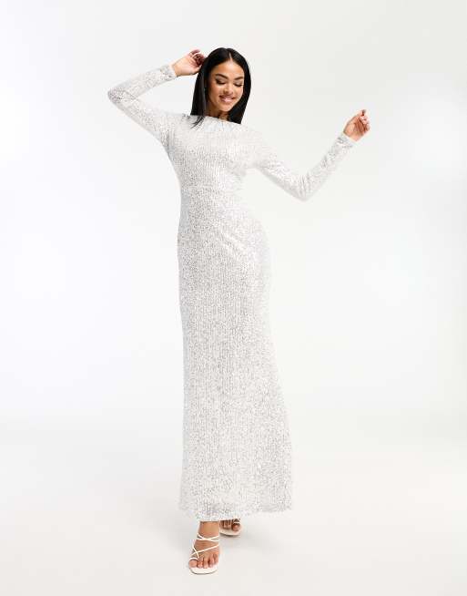 Jaded Rose – Langärmliges Maxikleid in Silber mit Paillettenbesatz, 3 von 4