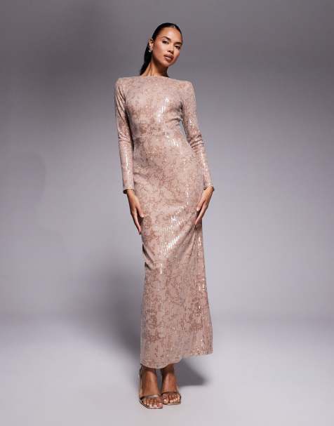Jaded Rose – Langärmliges Maxikleid in weichem Goldton in Foliendesign mit Paillettenbesatz - view 1