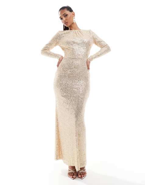 Jaded Rose – Langärmliges Pailletten-Maxikleid in Gold - view 1