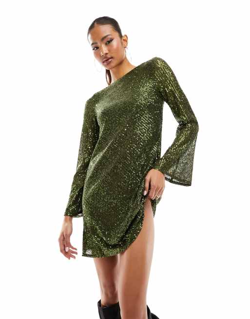 Jaded Rose – Langärmliges Pailletten-Minikleid in Olivgrün mit Wasserfallausschnitt hinten