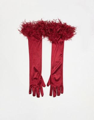 Jaded Rose long gloves with faux feather trim in red satin | ASOS