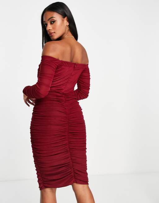 Burgundy ruched midi dress sale