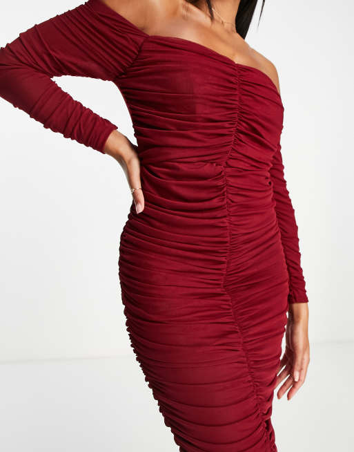 Jaded Rose long sleeve off shoulder ruched midi dress in burgundy