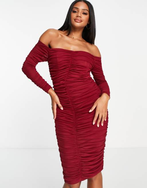 Burgundy long clearance sleeve midi dress