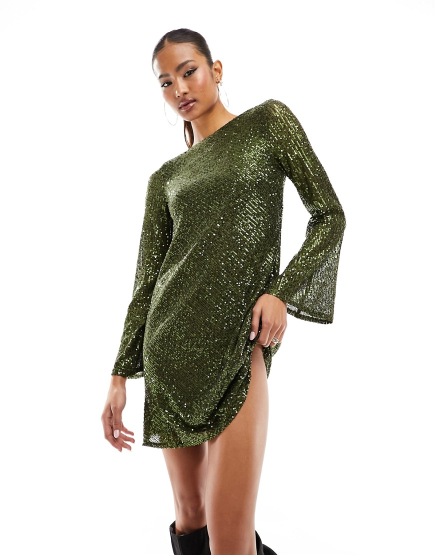 long sleeve sequin cowl back mini dress in olive-Green