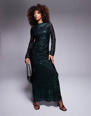 long sleeve sequin maxi dress in emerald-Green