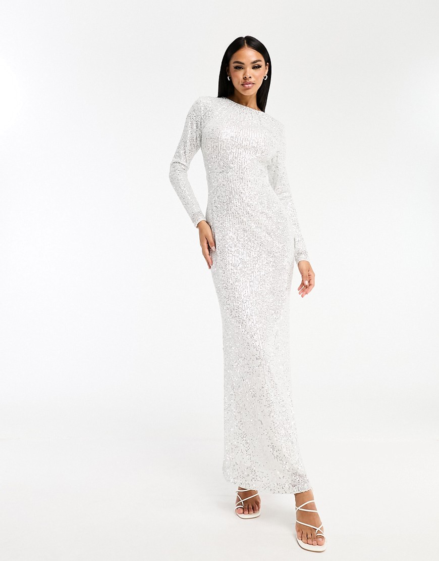 long sleeve sequin maxi dress in silver