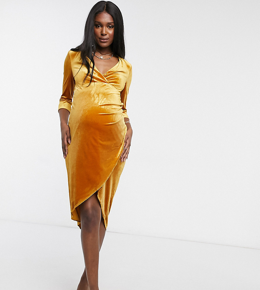 Jaded Rose – Maternity – Exklusiv senapsfärgad midiklänning i sammet med omlottdesign-Gul