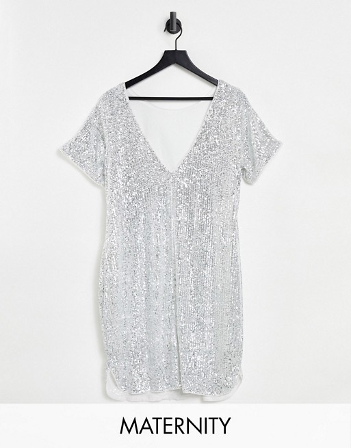 Jaded Rose Maternity t-shirt mini dress in silver sequin