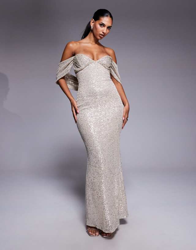 grey maxi occasion dress Jaded Rose with sweetheart bandeau and shawl detail in silver asymmetric neck