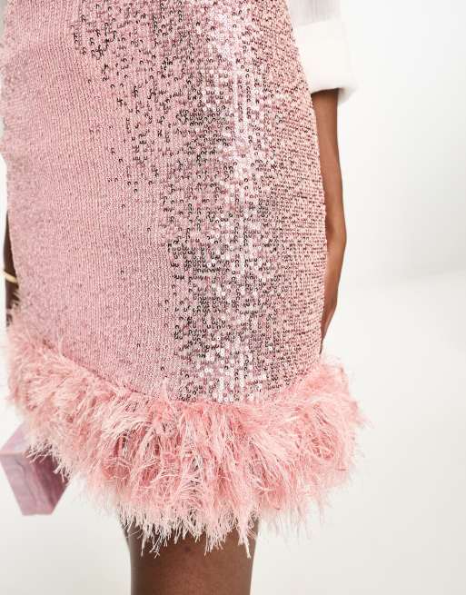 Jaded Rose - Mini rok met lovertjes en imitatieveren in metallic roze, 2 van 4