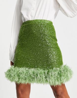 Jaded Rose mini skirt with faux feather trim in lime green sequin co-ord