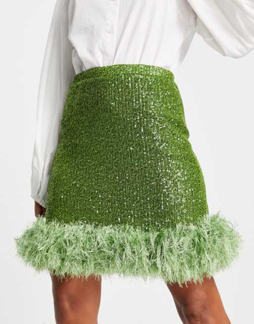 Jaded Rose short sleeve crop top and mini skirt with faux feather trim in lime green ASOS