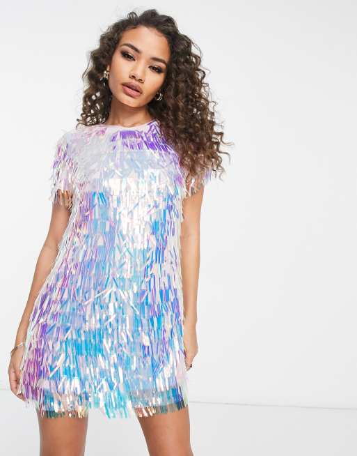 Jaded Rose mini t shirt dress in mermaid tassel sequin