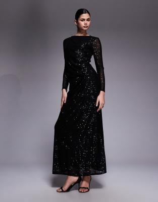 Jaded Rose - Modest - Gerafftes Maxikleid in Schwarz mit Pailletten