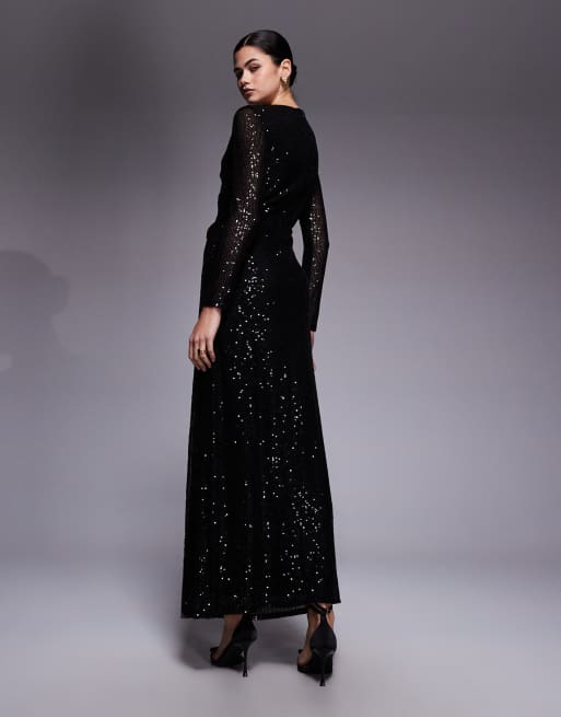 Jaded Rose - Modest - Sort maxikjole i pailletstof med rynkedetaljer, 3 af 4