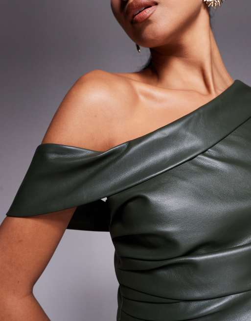 Jaded Rose one shoulder PU mini dress with pleated details in olive green, 4 of 4