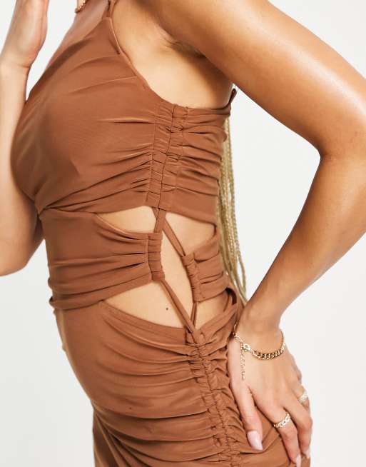 Jaded Rose one shoulder ruched midi dress in brown | ASOS