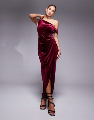 one shoulder textured velvet maxi dress in burgundy