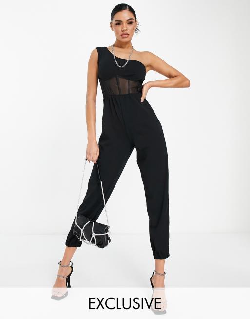 Jaded Rose - Oneshoulder korset-jumpsuit i sort - Kun hos ASOS