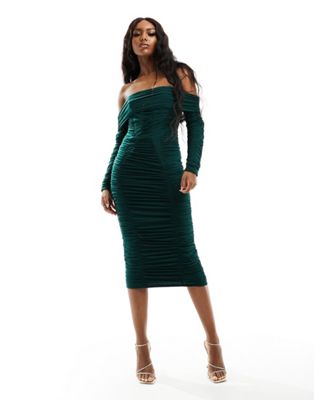 Jaded Rose panelled corset ruched midi dress in dark green