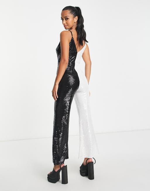 Jaded Rose Petite 70s plunge flare cami jumpsuit in contrast sequin