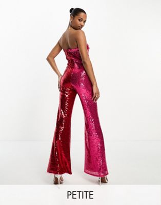 Jaded Rose Petite Bandeau Embellished Jumpsuit In Red And Pink