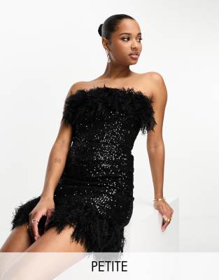 Jaded Rose Petite bandeau faux feather bodysuit in black-White