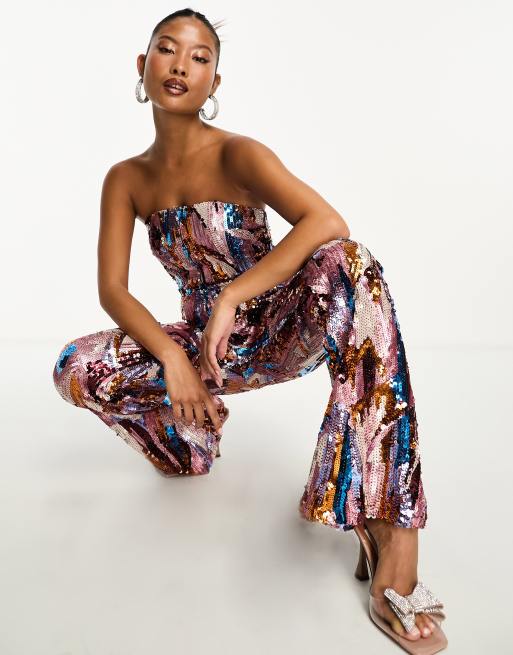 Jaded Rose Petite bandeau flared jumpsuit in multi sequin