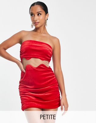 bandeau mini dress with wavy cut out in red velvet