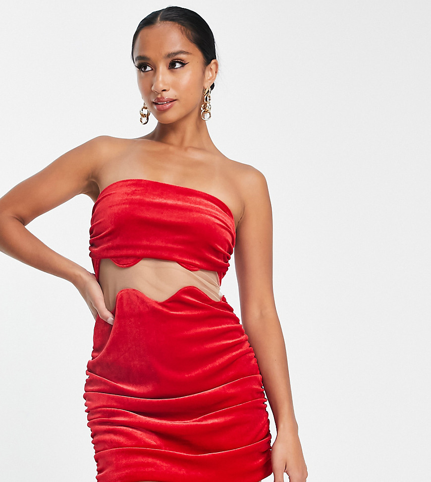 Jaded Rose Petite bandeau mini dress with wavy cut out in red velvet