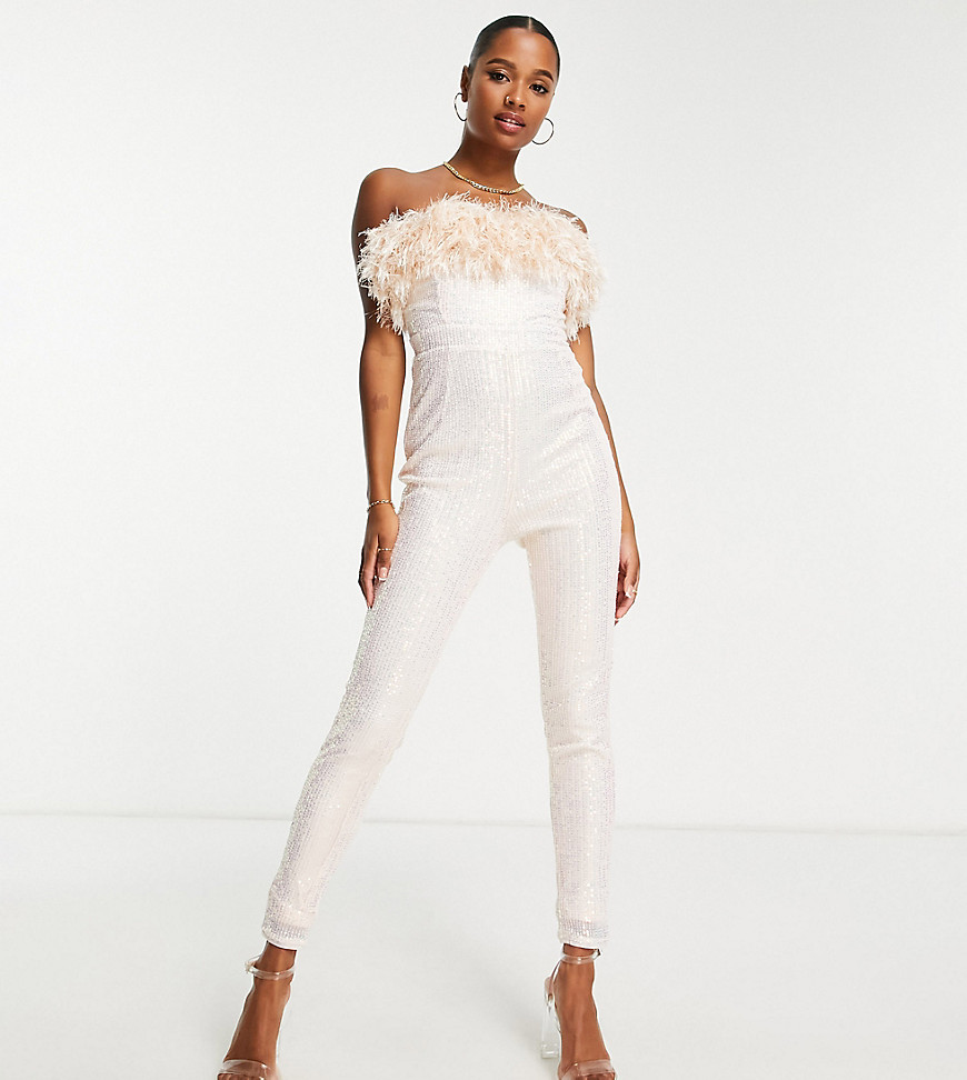 Jaded Rose Petite bandeau sequin jumpsuit with faux feather trim-White