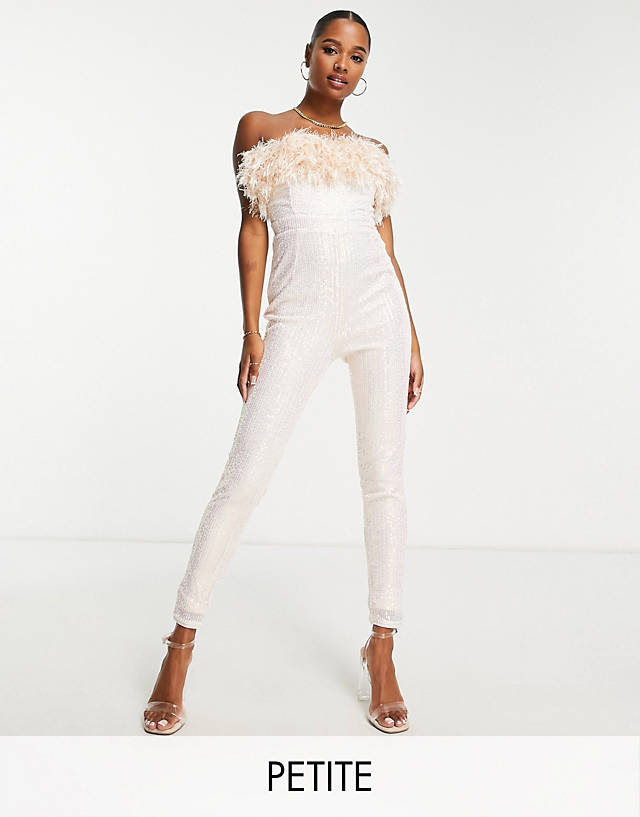 Jaded Rose Petite - bandeau sequin jumpsuit with faux feather trim