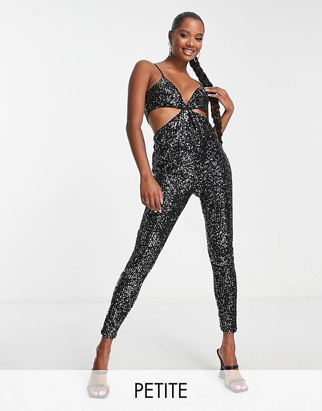 Jaded Rose Petite - cami jumpsuit with cut out in black sequin