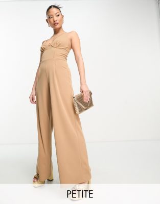 Jaded Rose Petite cami wide leg jumpsuit with bust detail in mocha-Brown