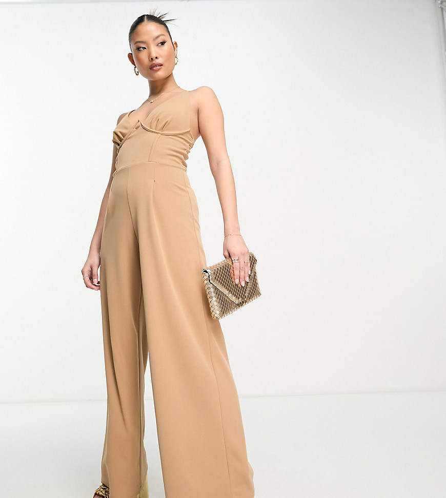 Jaded Rose Petite cami wide leg jumpsuit with bust detail in mocha-Brown