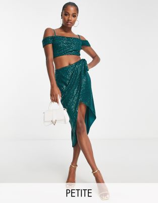 Jaded Rose Petite cold shoulder crop top in emerald sequin co-ord-Green