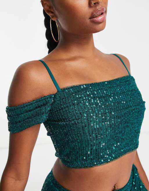 Jaded Rose Petite cold shoulder crop top in emerald sequin co ord