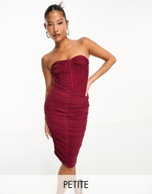 contoured corset midi dress in burgundy