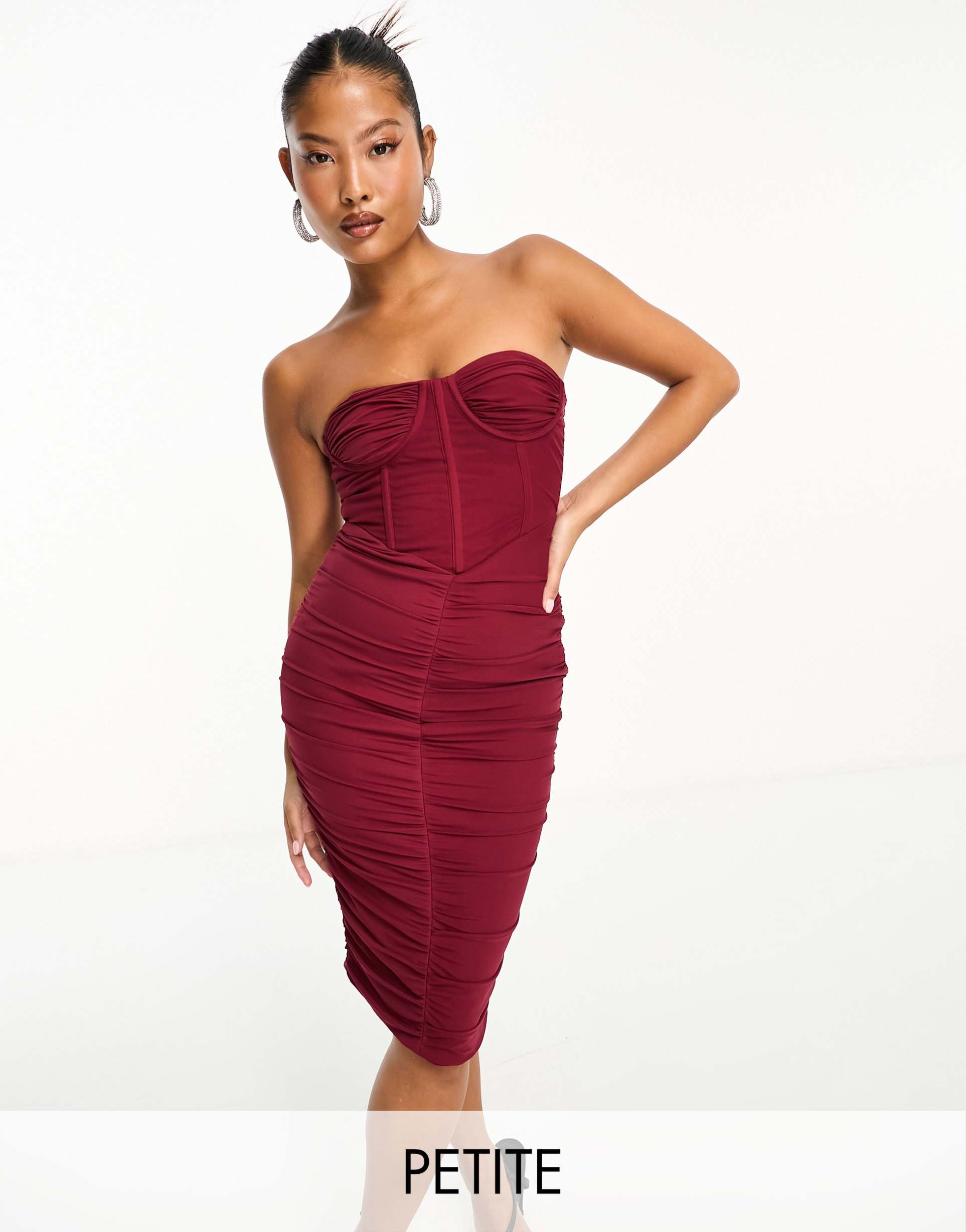 jaded rose petite contoured corset midi dress in burgundy