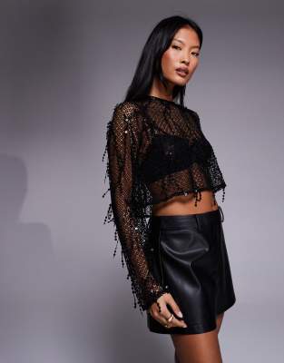 Jaded Rose Petite - Crop top orné de sequins et franges en maille ajourée - Noir