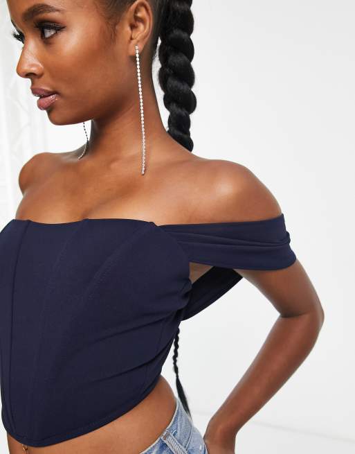 Jaded Rose Petite drape sleeve corset top in navy