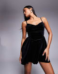 [Jaded Rose Petite] Jaded Rose Petite drop waist mini dress in velvet black 12 Black
