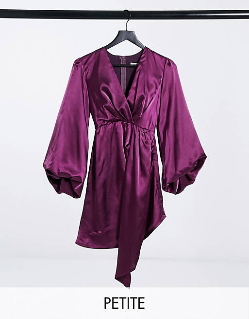 Jaded Rose Petite exclusive plunge satin mini dress with balloon sleeve and train detail in plum