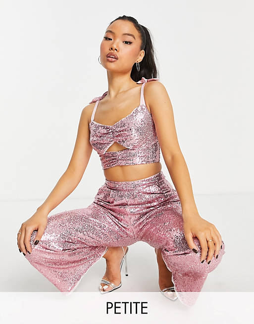 Jaded Rose Petite exclusive sequin cut out crop top co-ord in baby pink