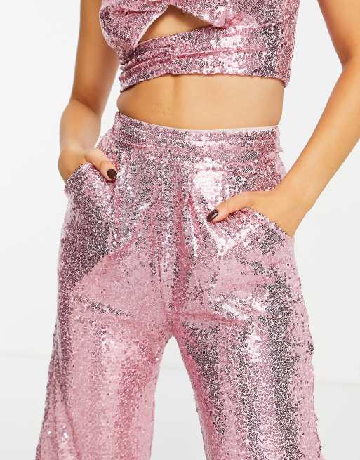 Jaded Rose Petite exclusive sequin pants in baby pink - part of a set